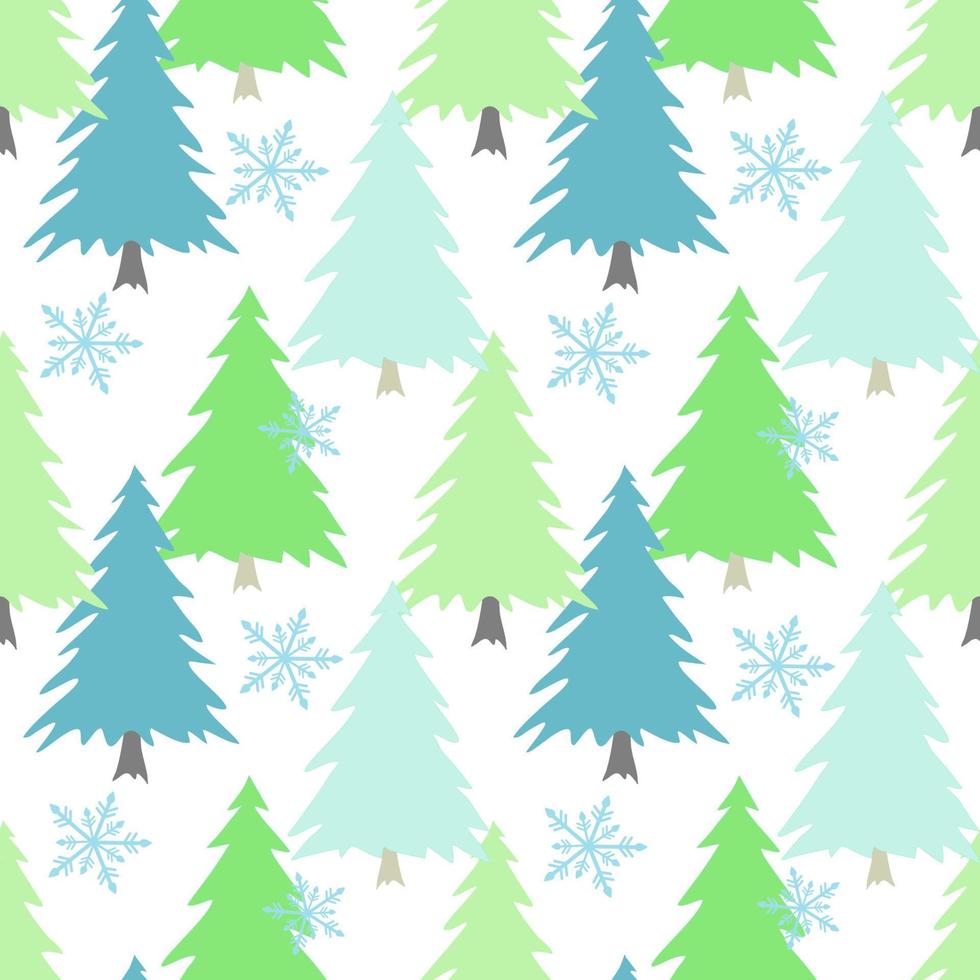 Green, blue Christmas pine tree and snowflake vector seamless pattern, illustration element on white background for greeting holiday, fabric textiles printed wallpaper and wrapping