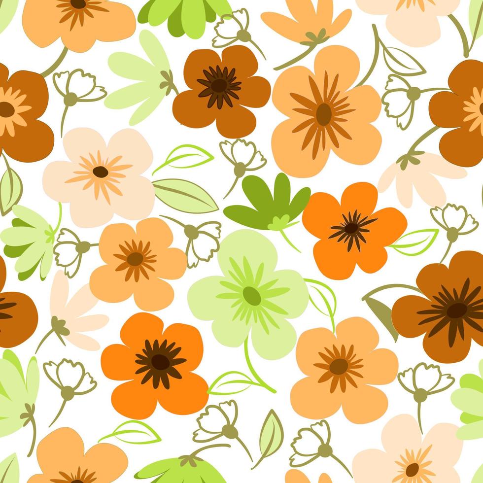 Orang brown daisy petal spring flower blossom vector seamless pattern, abstract flora illustration drawing on white background for fashion fabric textiles printing, wallpaper and paper wrapping