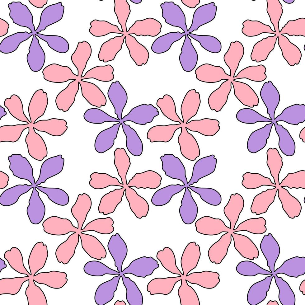 Vector seamless pattern with pink and violet petal spring flower blossom, illustration abstract flora drawing on white background for fashion fabric textiles printing, wallpaper and paper wrapping