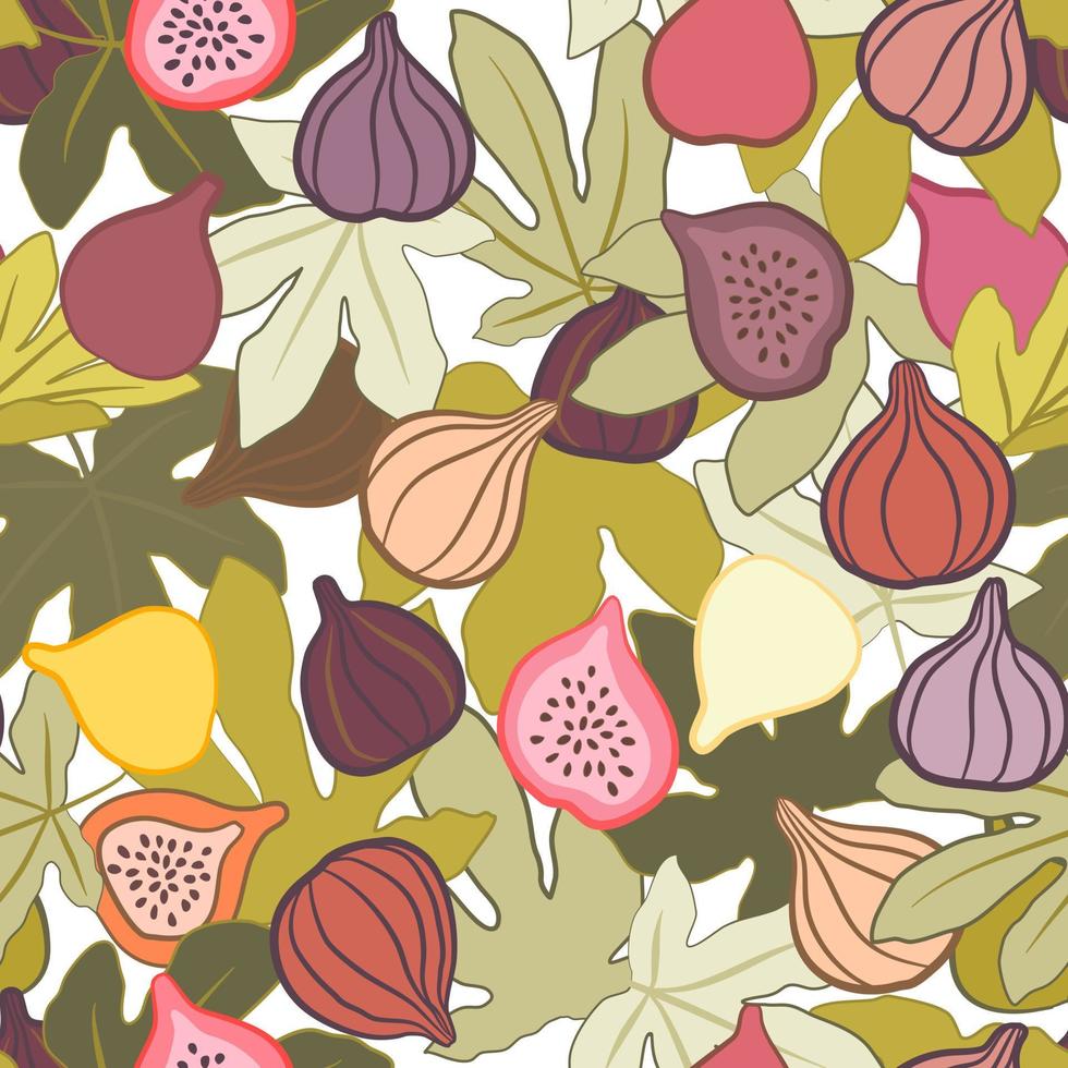Colorful Fig fruit and leaves vector seamless pattern, abstract fruits illustration decorate on white background for fashion fabric textiles printing, wallpaper and paper wrapping