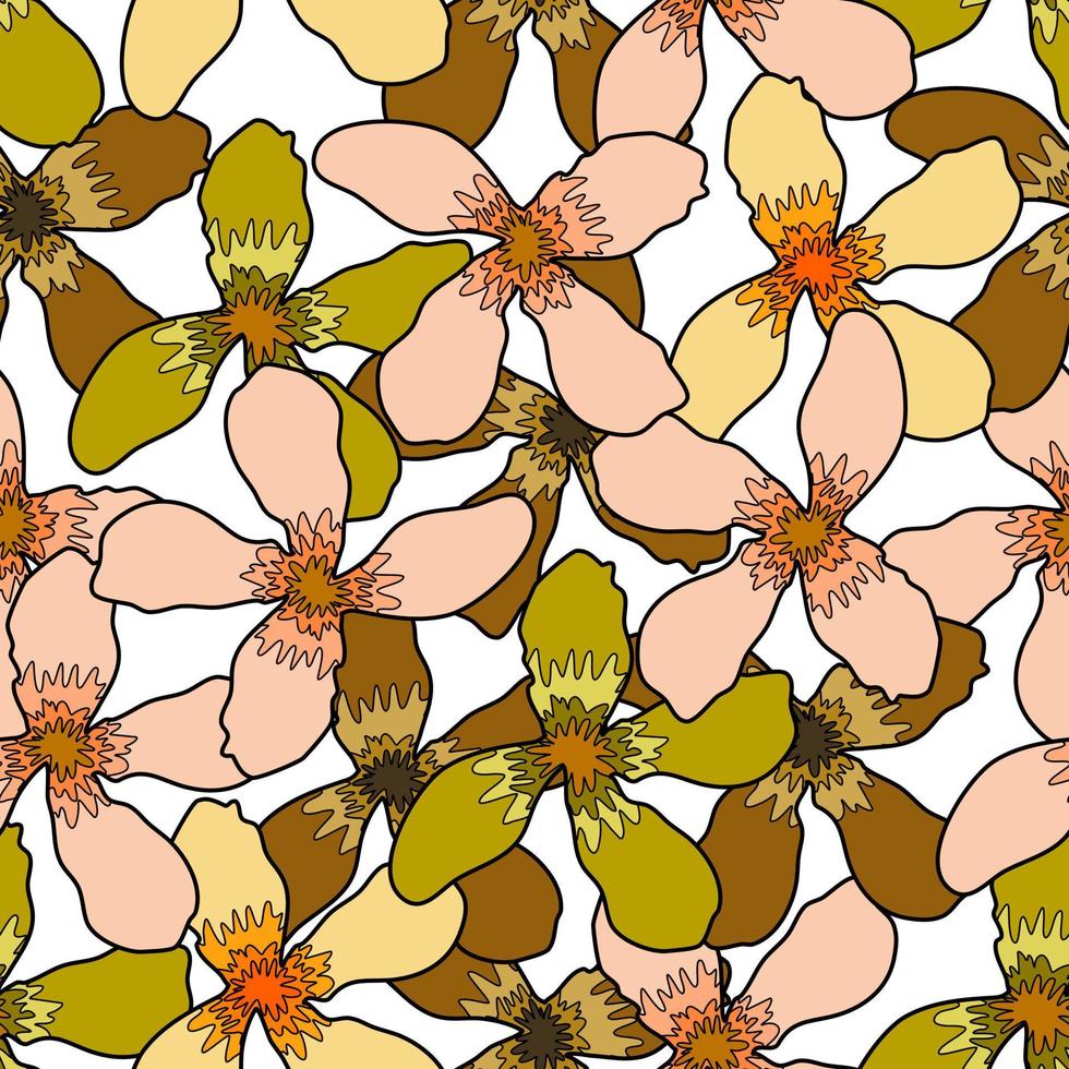 Pink green brown daisy petal spring flower blossom vector seamless pattern, abstract flora illustration drawing on white background for fashion fabric textiles printing, wallpaper and paper wrapping