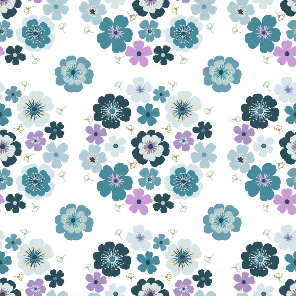 Pastel blue daisy petal spring flower blossom vector seamless pattern, abstract flora illustration drawing on white background for fashion fabric textiles printing, wallpaper and paper wrapping