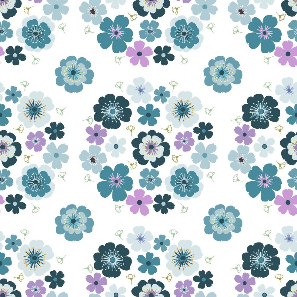 Pastel blue daisy petal spring flower blossom vector seamless pattern, abstract flora illustration drawing on white background for fashion fabric textiles printing, wallpaper and paper wrapping