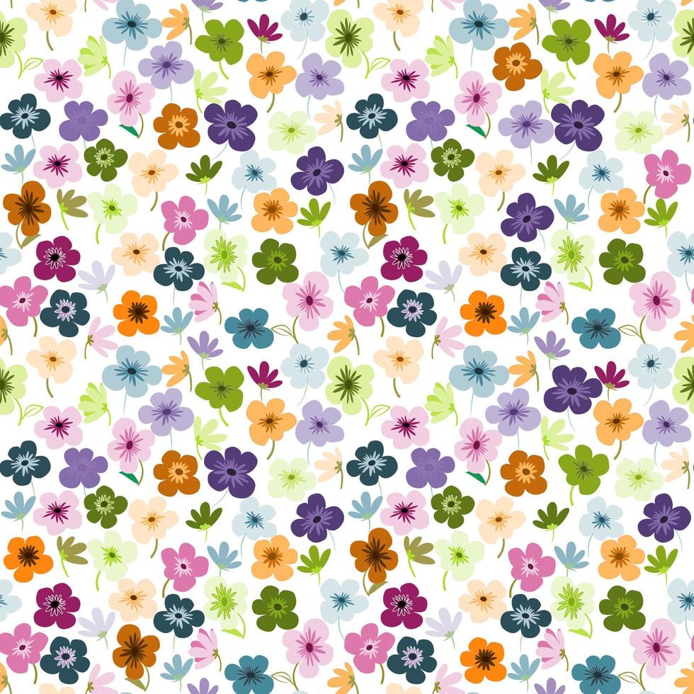 Colorful daisy petal spring flower blossom vector seamless pattern, abstract flora illustration drawing on white background for fashion fabric textiles printing, wallpaper and paper wrapping
