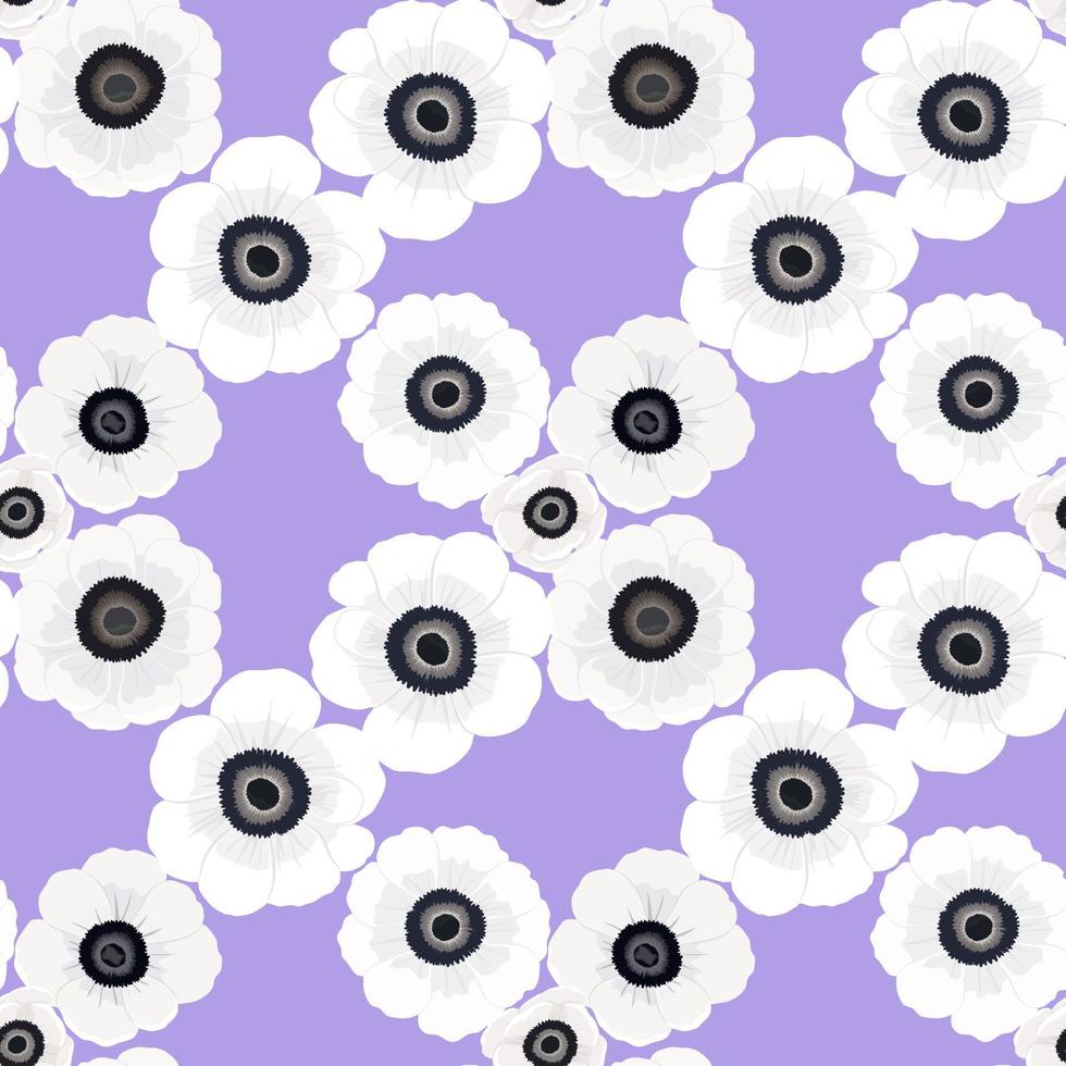 Vector seamless pattern with white petal Anemone spring flower blossom, illustration abstract flora drawing on violet background for fashion fabric textiles printing, wallpaper and paper wrapping