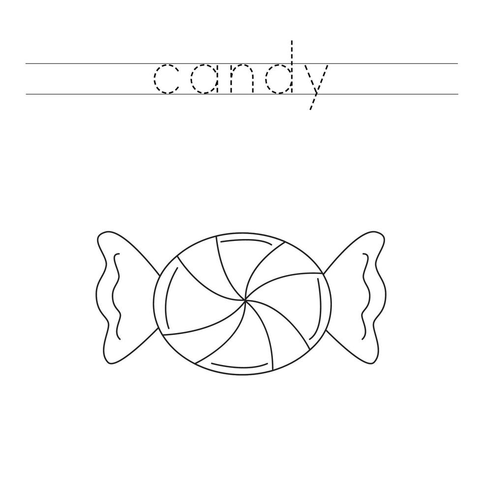 Trace the letters and color cartoon candy. Handwriting practice for kids. vector