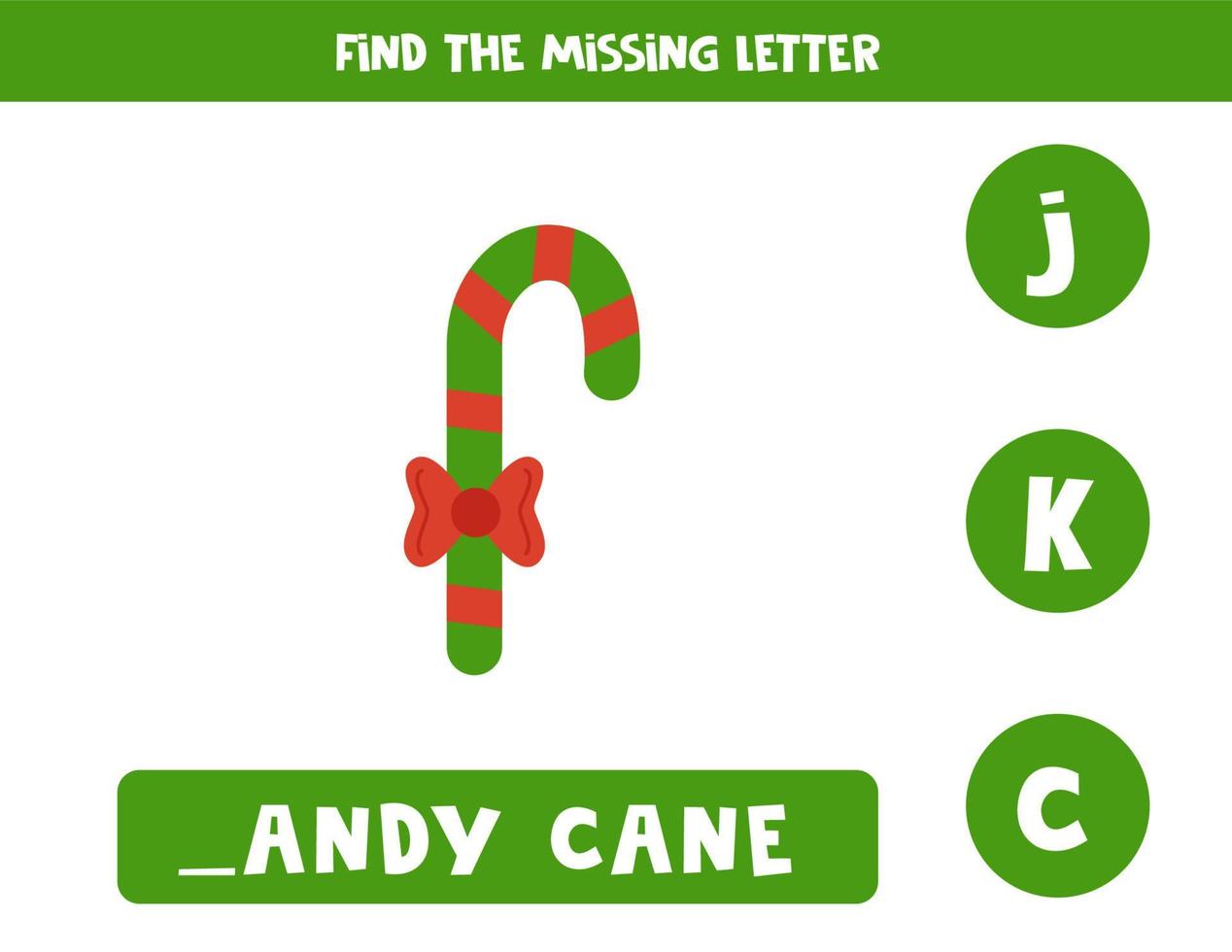 Find missing letter with cute Christmas candy cane. Spelling worksheet. vector