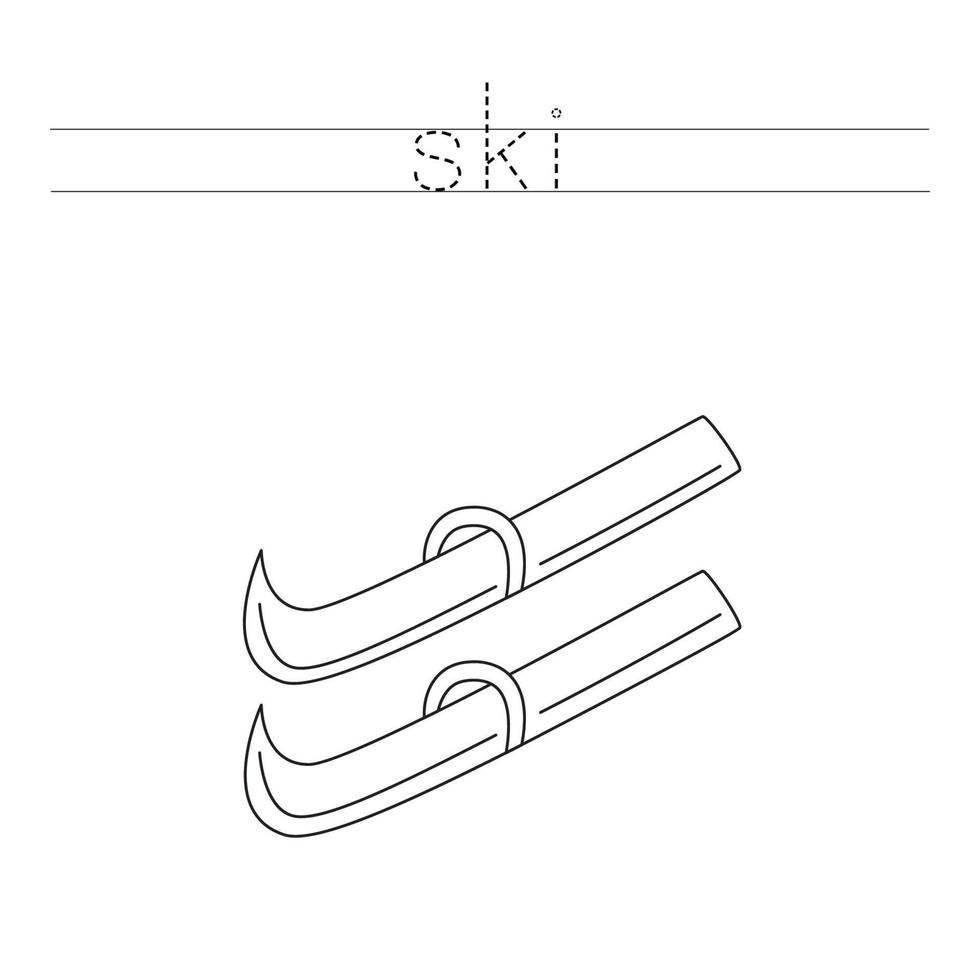 Traza las letras y colorea el esquí de dibujos animados. práctica de escritura a mano para niños. vector
