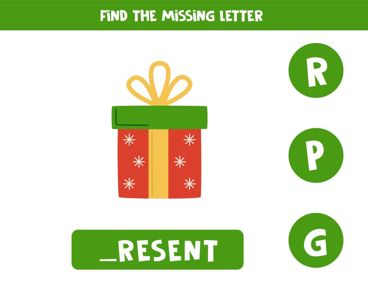encuentra la carta que falta con un regalo de navidad. hoja de trabajo de ortografía. vector