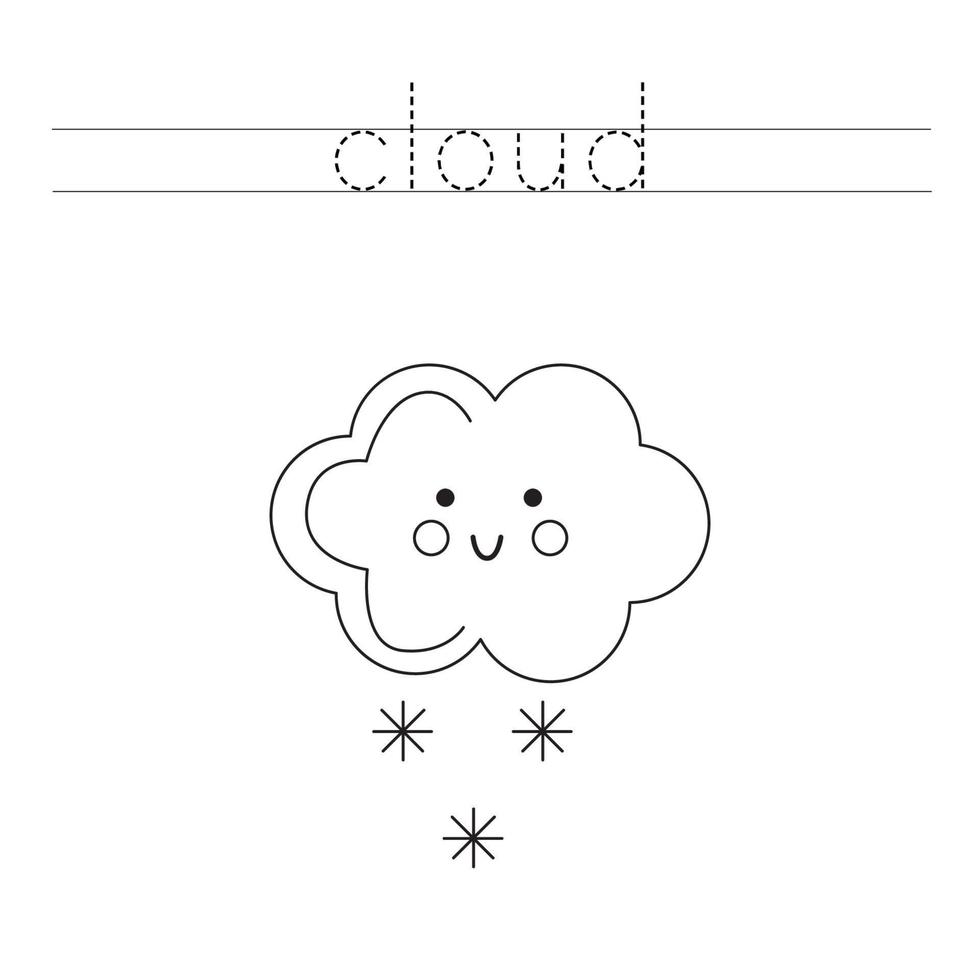 Trace the letters and color cartoon cloud. Handwriting practice for kids. vector