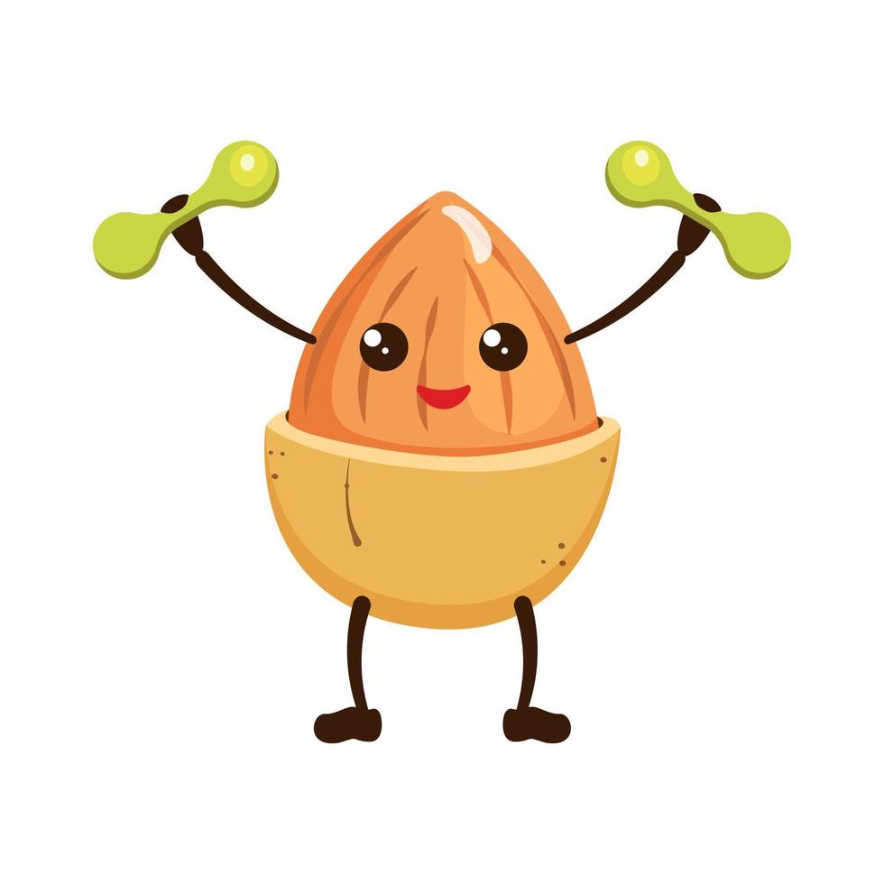 Almond kawaii goes in for sports. Nut emoji holds hands up with dumbbells. Food character vector