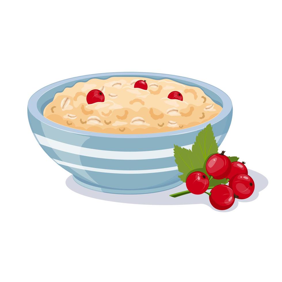 Oatmeal in blue cup with sprig of currant. English breakfast with red berries. Granola in fruit bowl vector