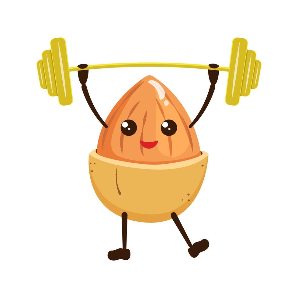 Cartoon illustration of kawaii almond with barbell. Nut weightlifter performs exercise vector