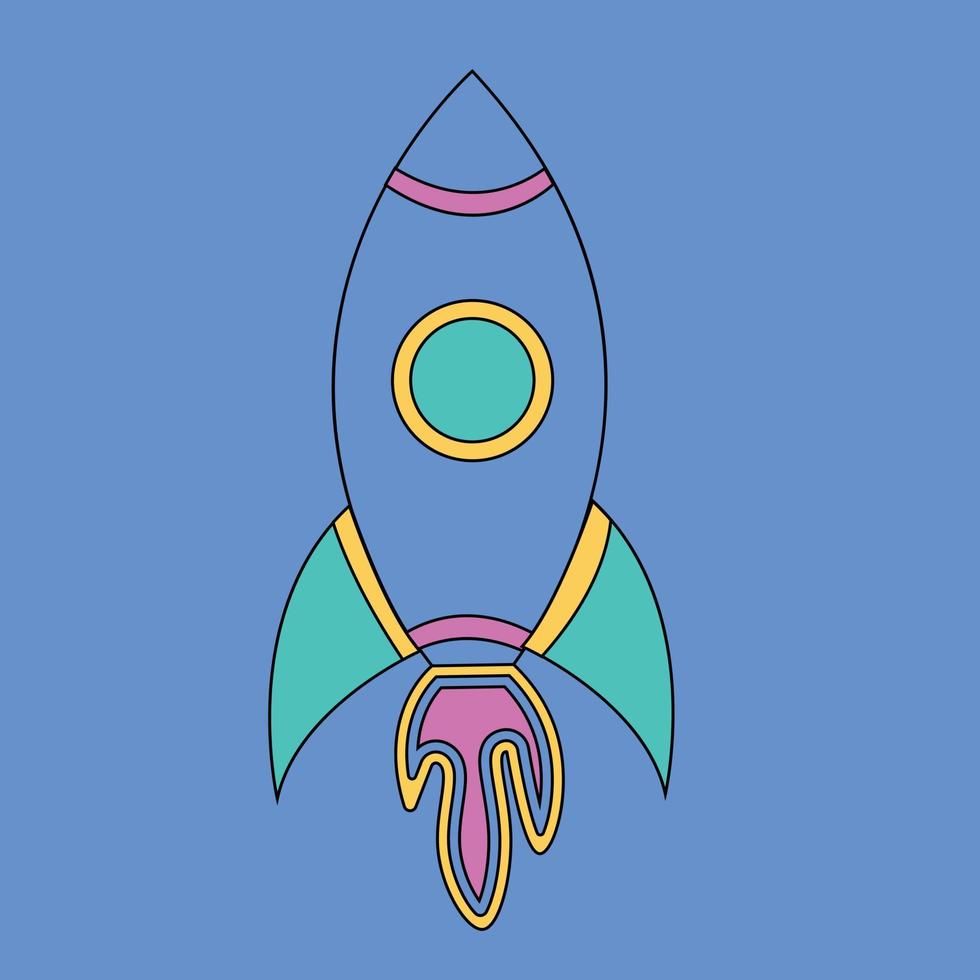 Bright space doodle sticker. Rocket isolated on white background. Gradient pink, orange, blue neon color astronomical object. Spaceship symbol of travel, education. Vector science cute illustration