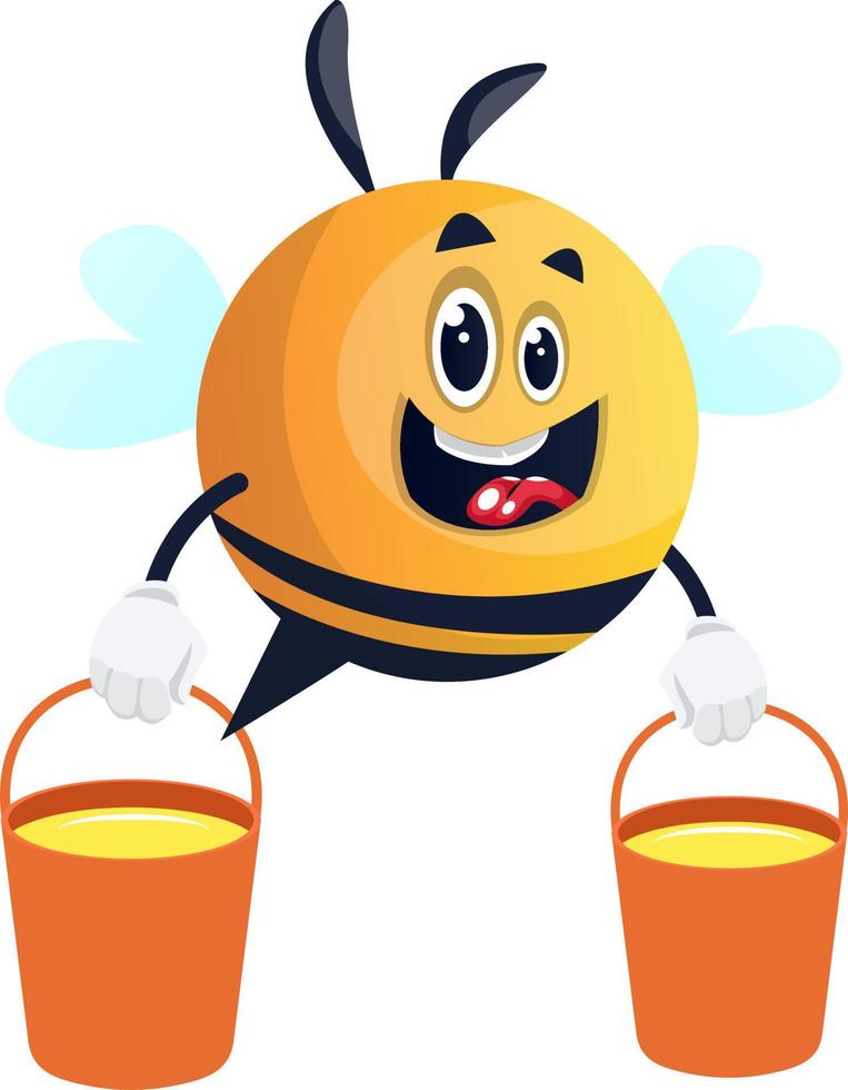 Bee carries two honey buckets, illustration, vector on white background.
