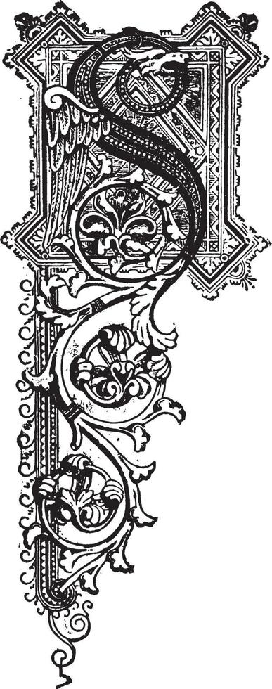 S, Ornate initial, vintage illustration vector