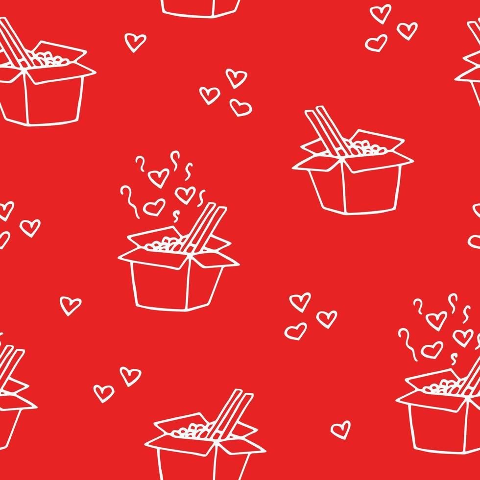 noodle in a box, chopsticks and steam with hearts seamless pattern hand drawn in doodle style. wallpaper, background, textile, wrapping paper. scandinavian, simple, minimalism, monochrome vector