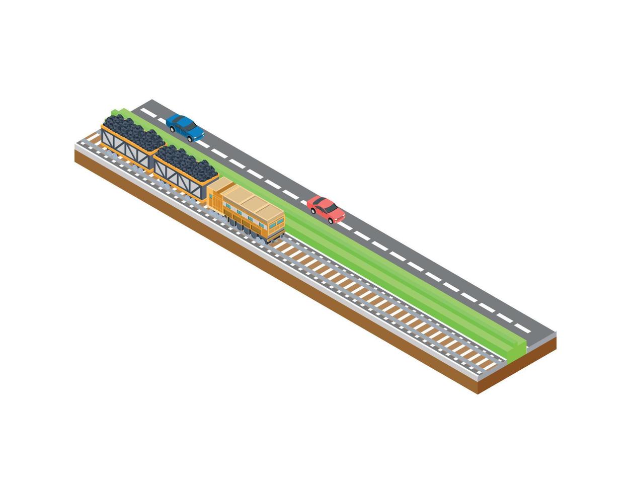 línea ferroviaria isométrica con trenes que transportan carbón. adecuado para diagramas, infografías y otros recursos gráficos vector