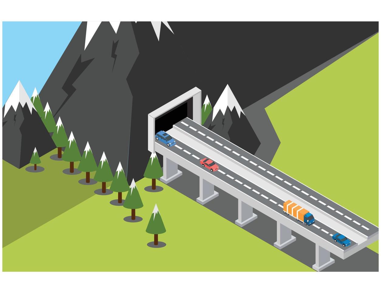 isometric railway line with trains carrying coal through valleys. isolated on landscape background vector