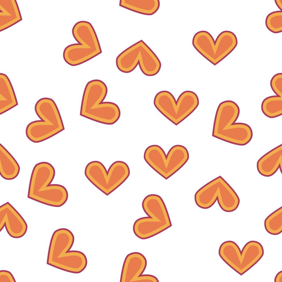 Love heart, daisies, waves of positivity retro 70s seamless pattern. Yellow, orange, red scattered heart shapes on a swirling background vector