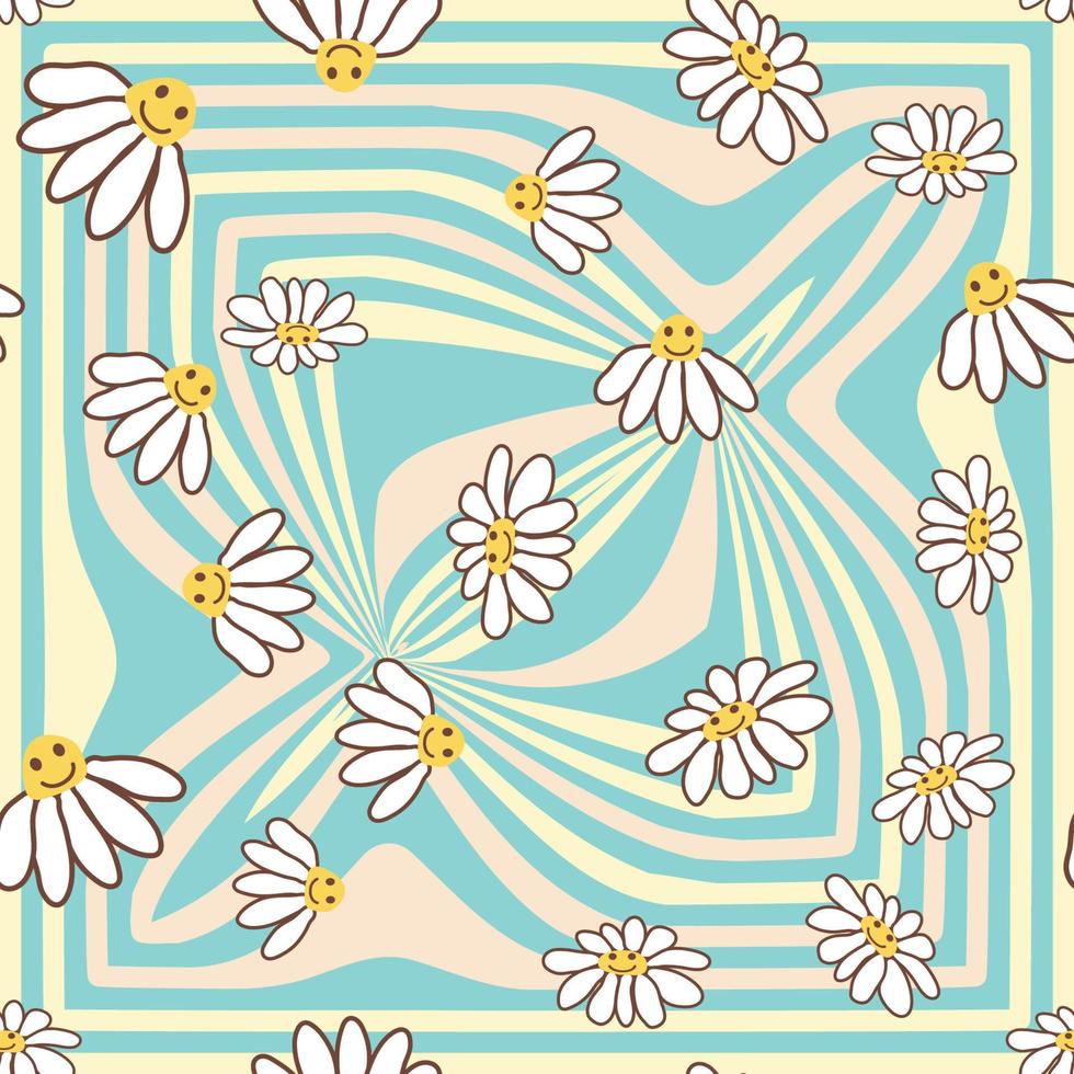 Retro Smile Chamomile Seamless Pattern on 1970 Wavy Swirl Seamless Pattern. Hippie Aesthetic. vector