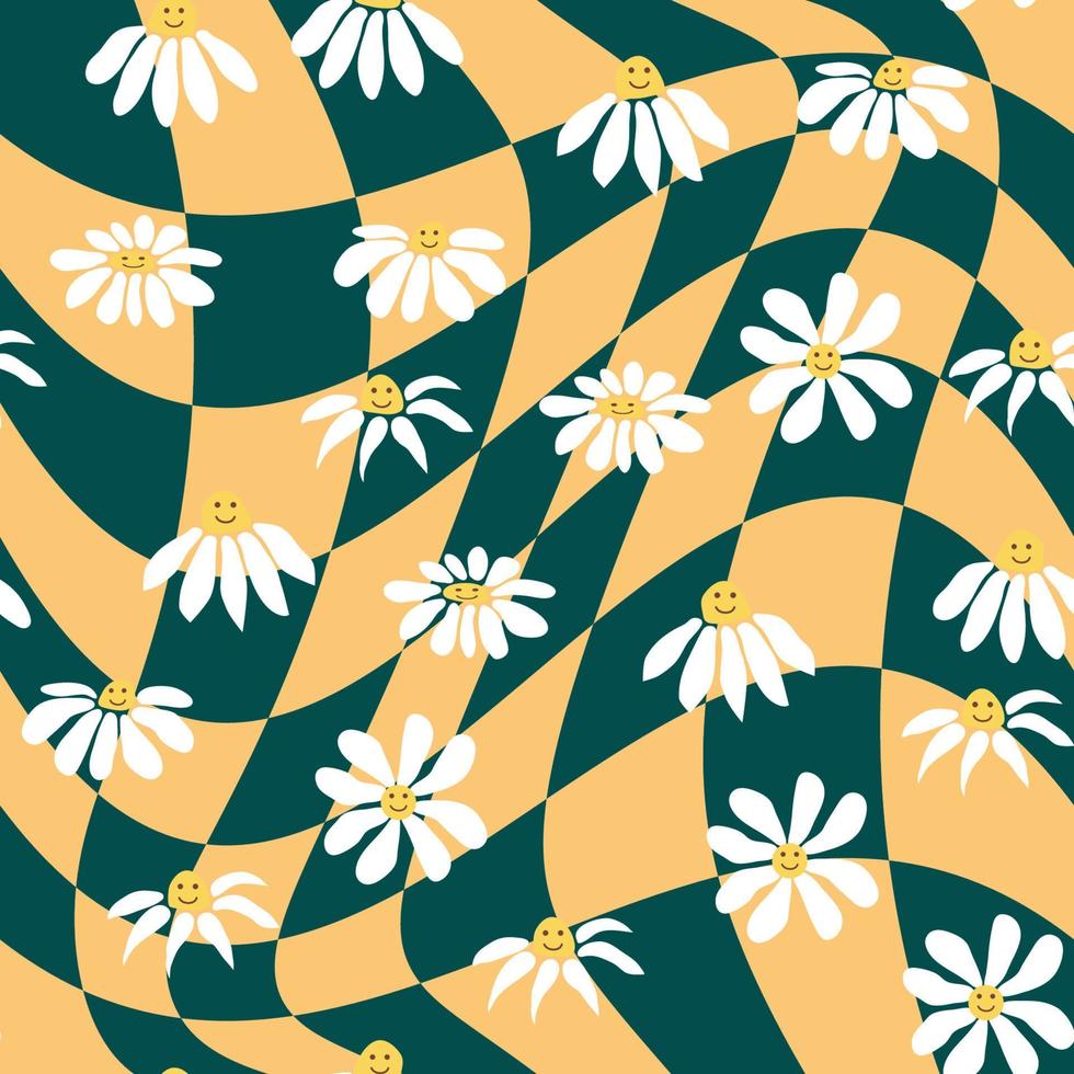 Retro Smile Chamomile Seamless Pattern on 1970 Wavy Swirl Seamless Pattern. Hippie Aesthetic. vector