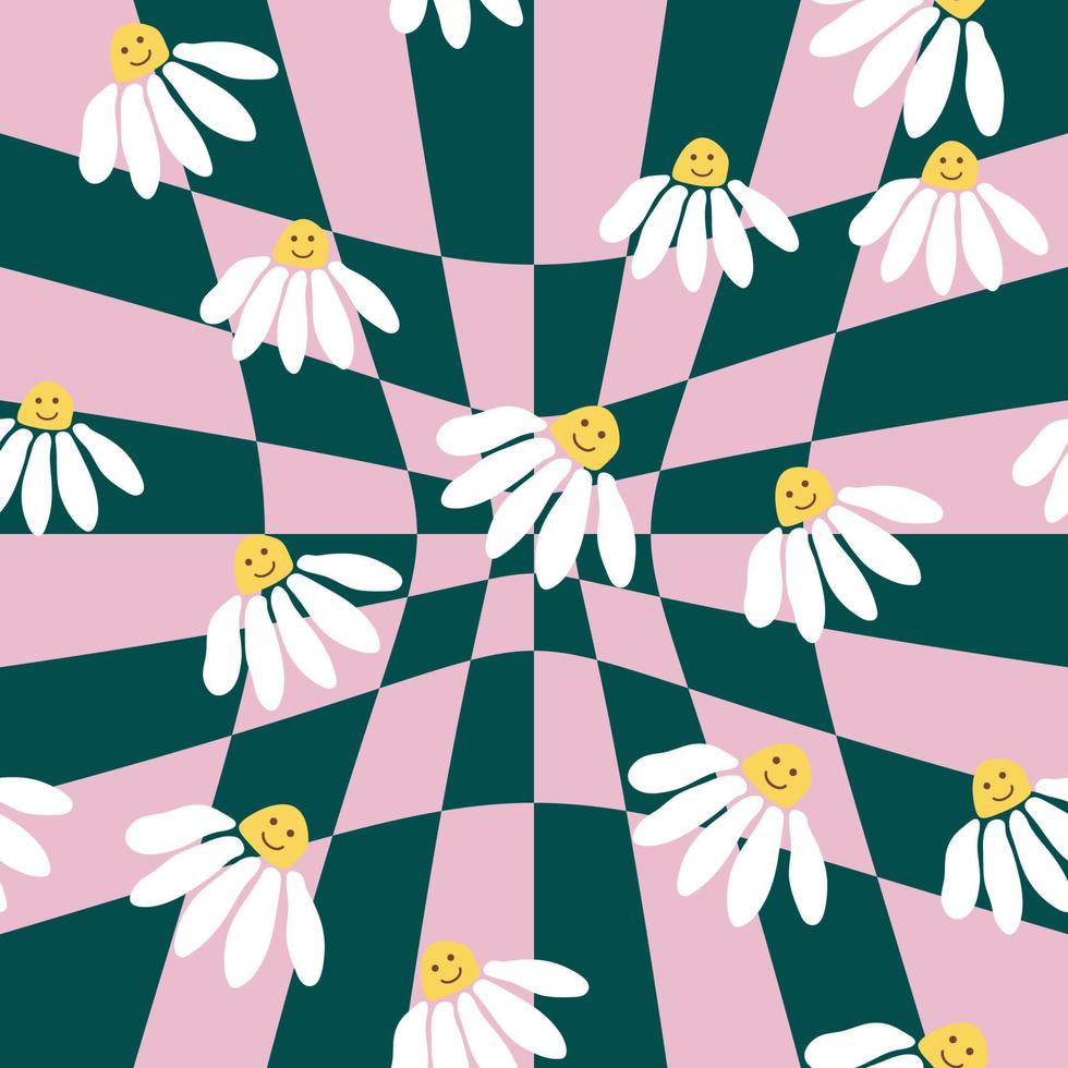 Retro Smile Chamomile Seamless Pattern on 1970 Wavy Swirl Seamless Pattern. Hippie Aesthetic. vector