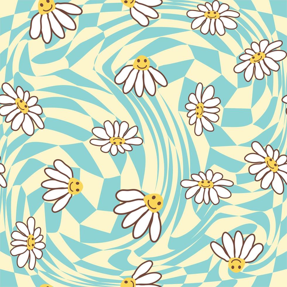 Retro Smile Chamomile Seamless Pattern on 1970 Wavy Swirl Seamless Pattern. Hippie Aesthetic. vector