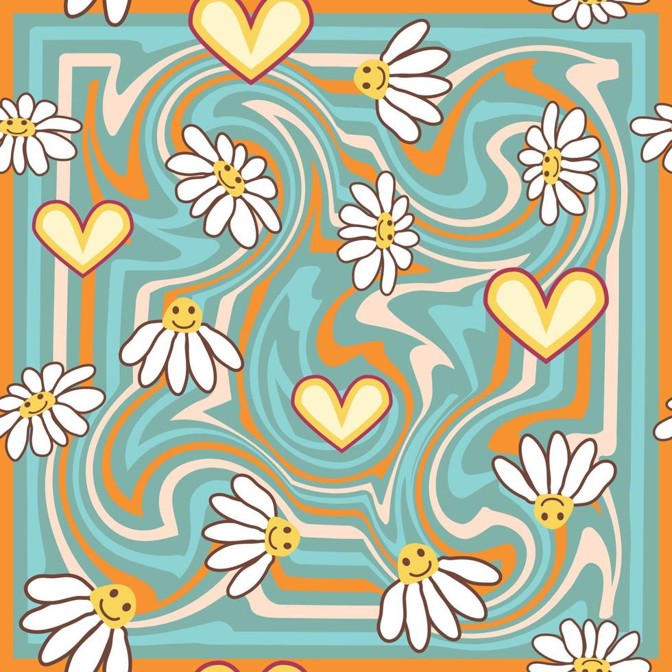 Retro Smile Chamomile Seamless Pattern on 1970 Wavy Swirl Seamless Pattern. Hippie Aesthetic. vector