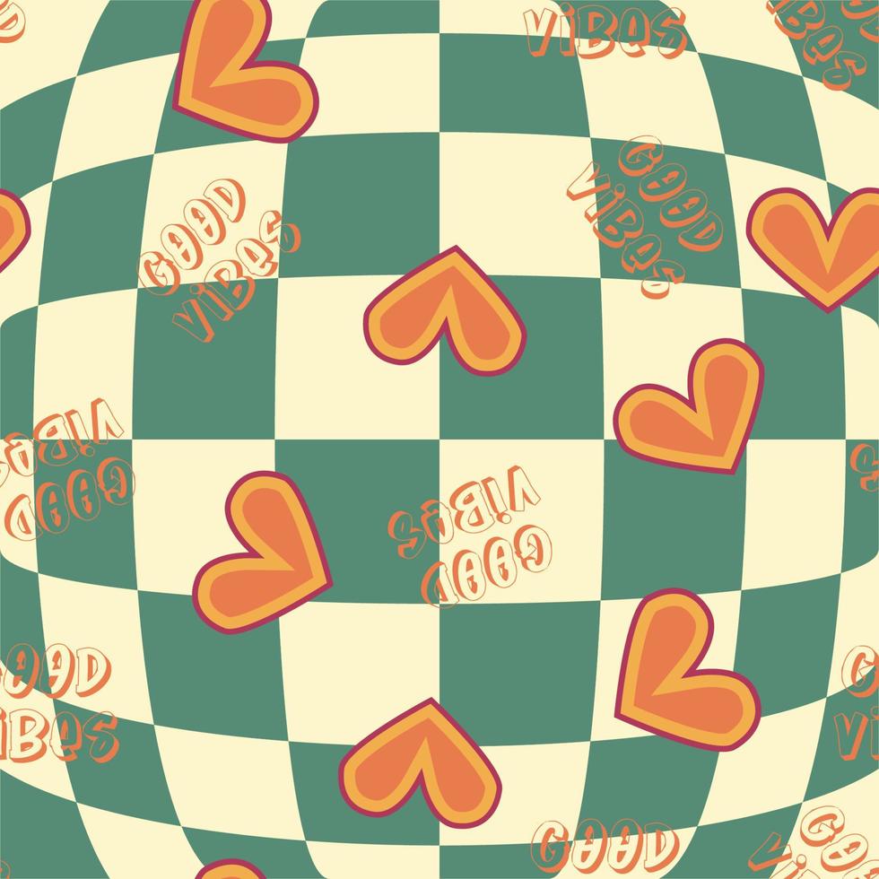 Love heart, daisies, waves of positivity retro 70s seamless pattern. Yellow, orange, red scattered heart shapes on a swirling background vector