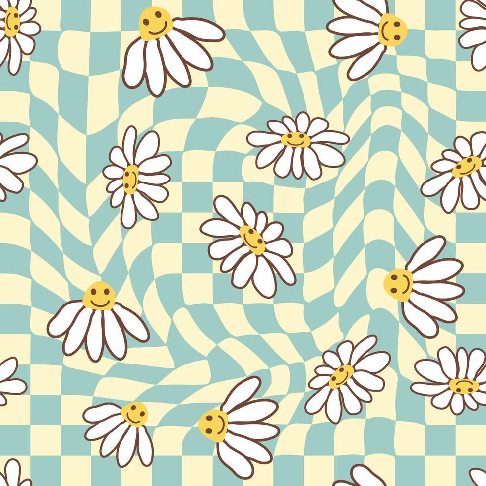 Retro Smile Chamomile Seamless Pattern on 1970 Wavy Swirl Seamless Pattern. Hippie Aesthetic. vector