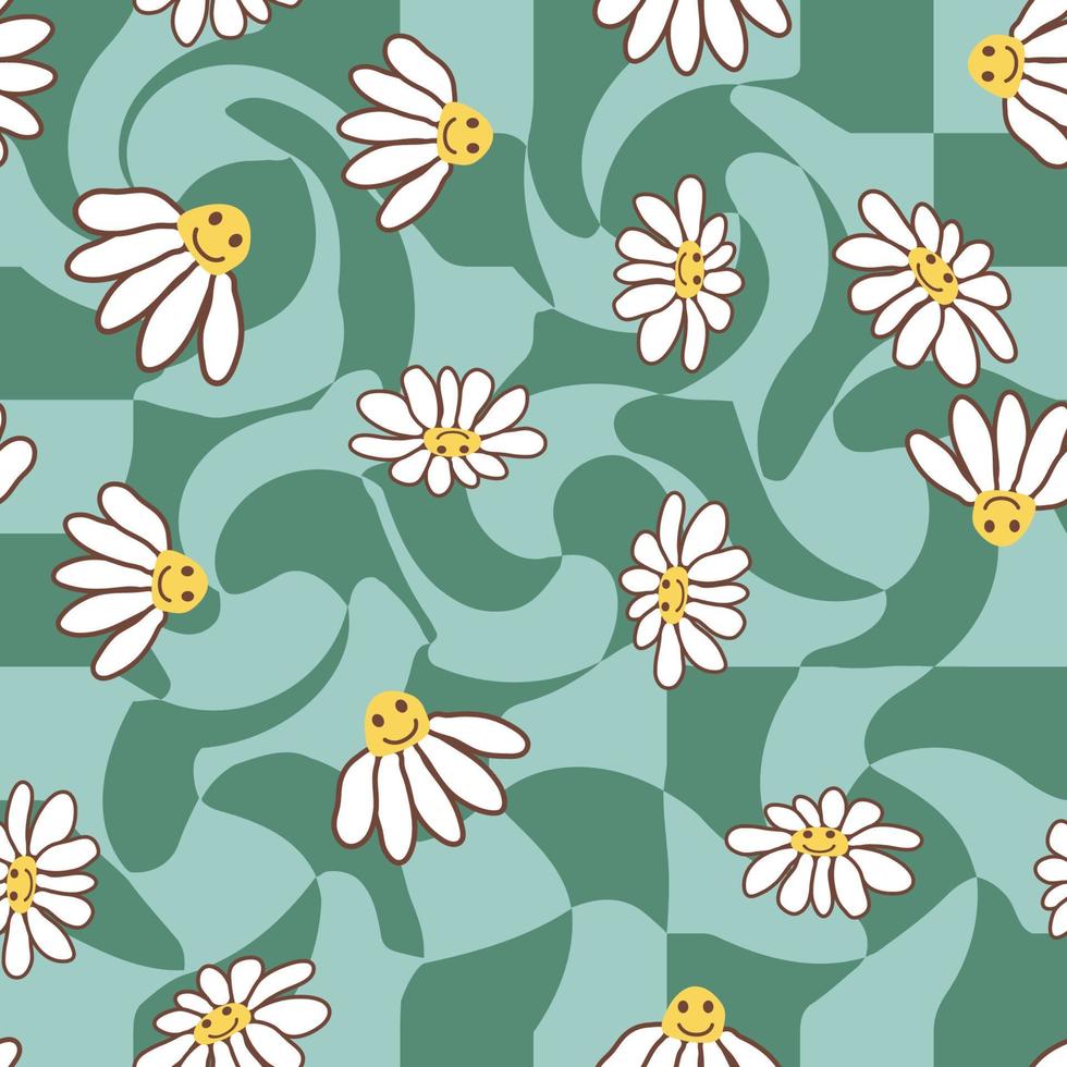 Retro Smile Chamomile Seamless Pattern on 1970 Wavy Swirl Seamless Pattern. Hippie Aesthetic. vector