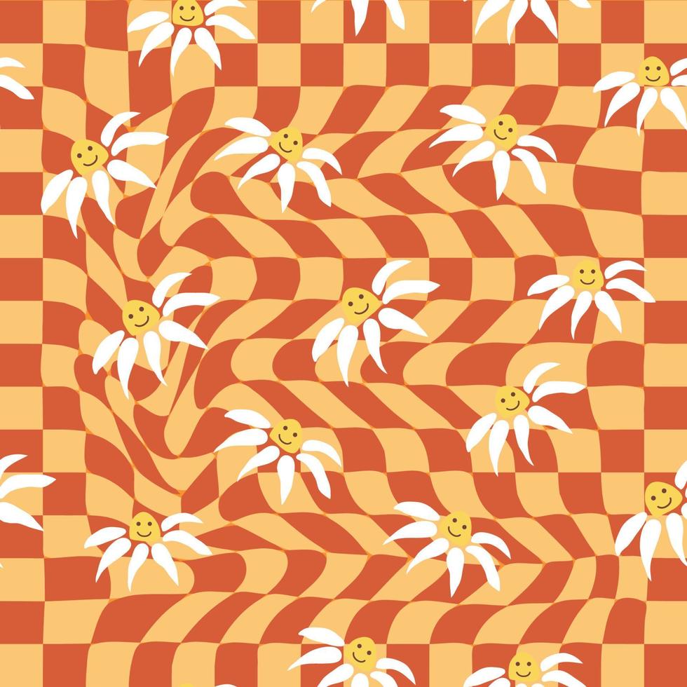 Retro Smile Chamomile Seamless Pattern on 1970 Wavy Swirl Seamless Pattern. Hippie Aesthetic. vector