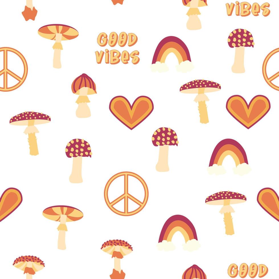 Magic psychedelic drug mushrooms, Chamomile, rainbow seamless pattern. Psychedelic hallucination. 60-70s hippie vector
