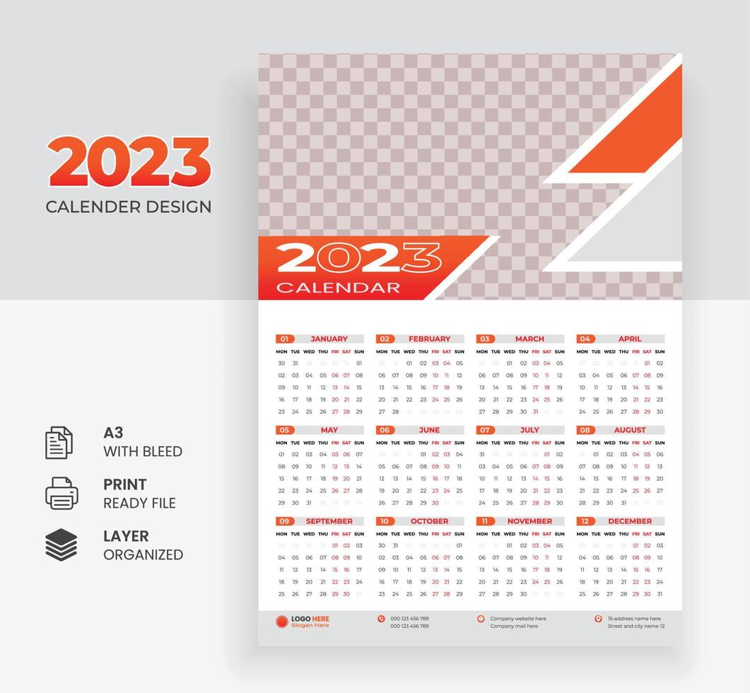 2023 new year corporate business wall calendar design modern 12 month one page vector