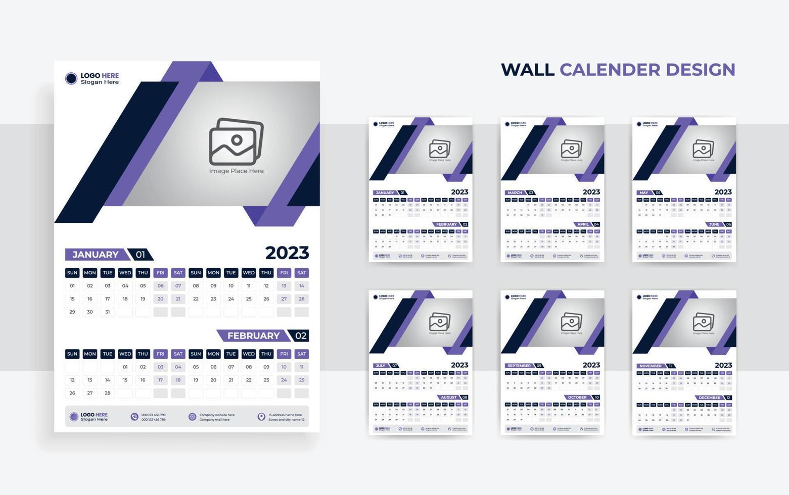 wall calendar design 2023 new year corporate business 12-month 6 page vector