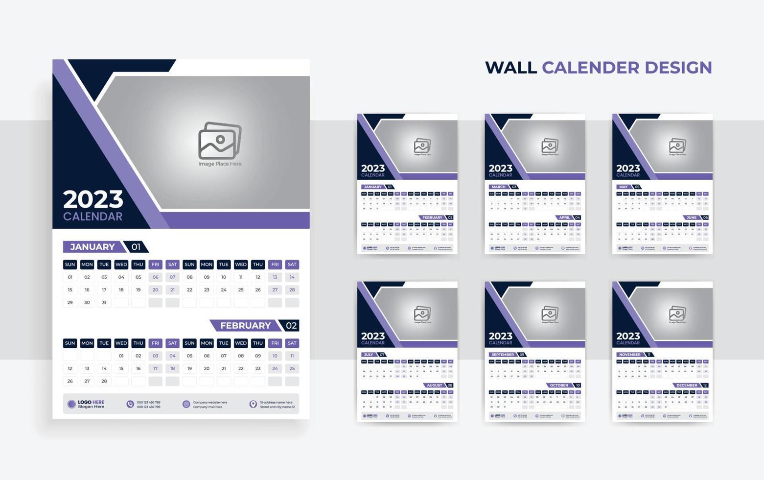 wall calendar design 2023 new year corporate business 12-month 6 page vector