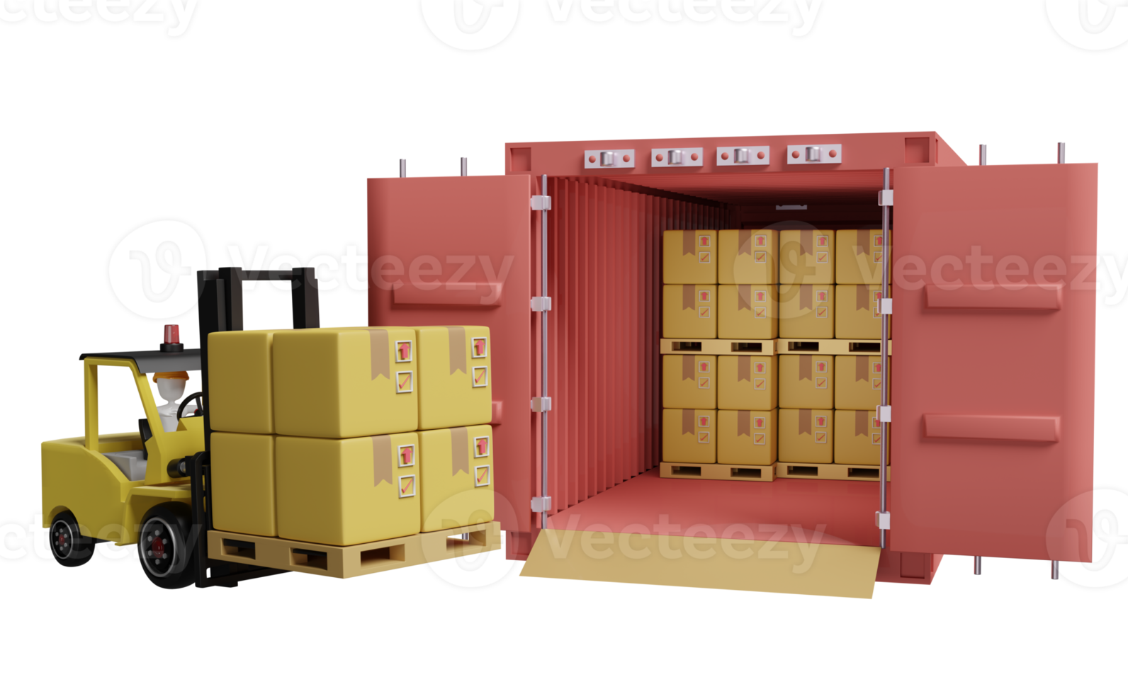 Stick man with shipping container for import export, forklift, goods cardboard box, pallet isolated. logistic service concept, 3d illustration or 3d rendering png