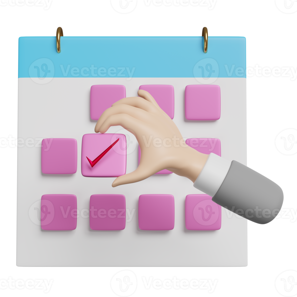 Calendar date with businessman hand, check mark isolated. concept 3d illustration or 3d render png