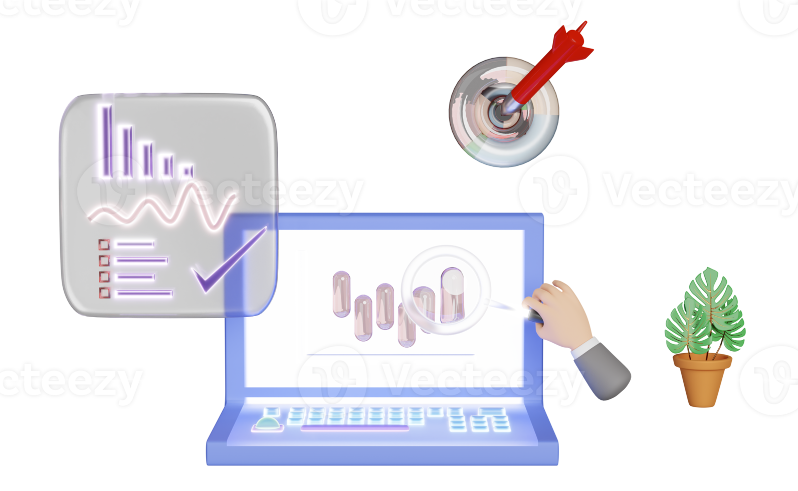 Ordinateur portable 3d avec clavier en cristal, graphiques, graphique, analyse des données financières de l'entreprise, cible, fléchettes, main d'homme d'affaires, loupe, marketing en ligne isolé. illustration de rendu 3d png