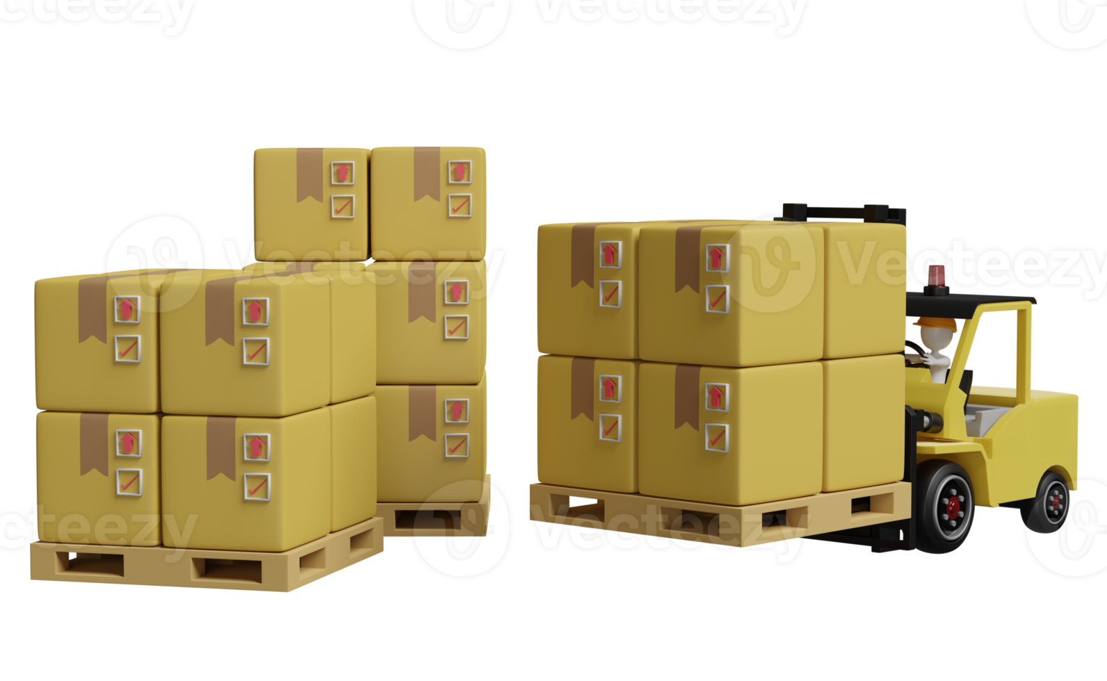 Stick man with forklift,goods cardboard box, pallet for import export isolated. logistic service concept, 3d illustration or 3d rendering png