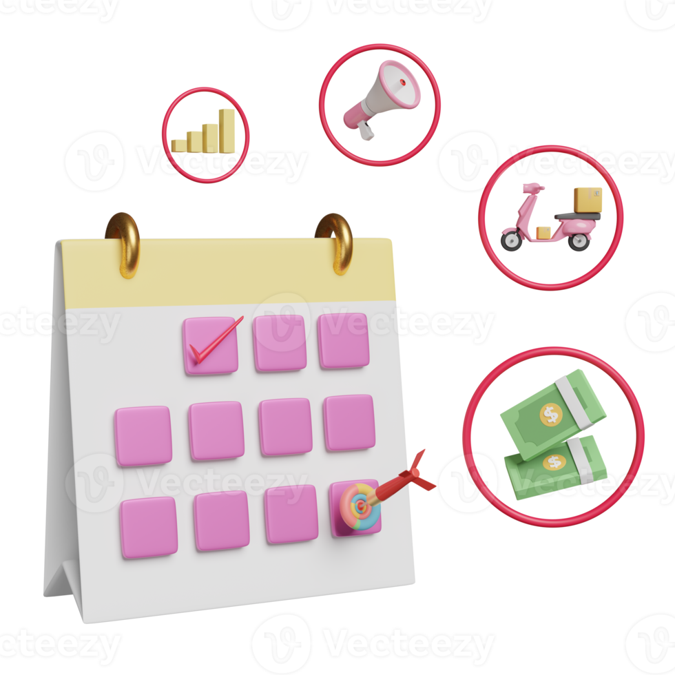 Calendar date with delivery scooter, charts and graph, megaphone, banknote, target, darts isolated. analysis business financial data or appointments concept, 3d illustration or 3d render png