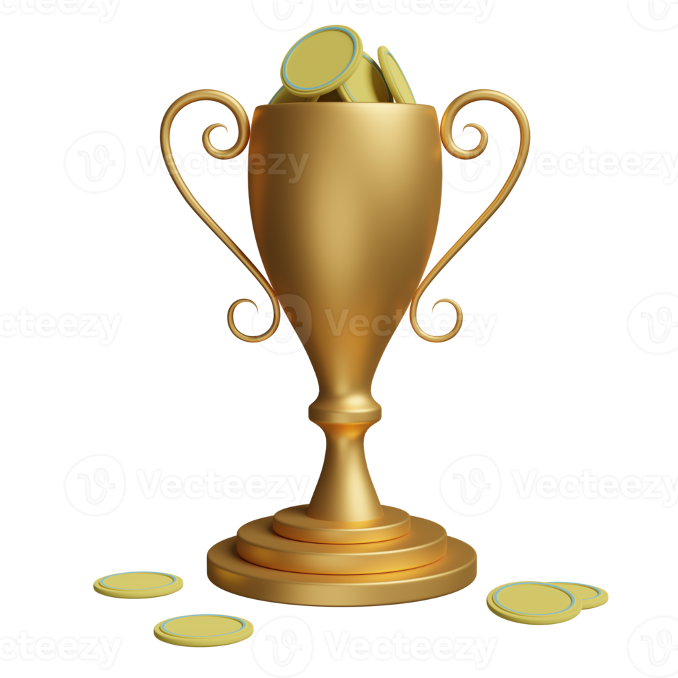Golden champion cup or trophies with coins, space isolated. Concept 3d illustration or 3d render png