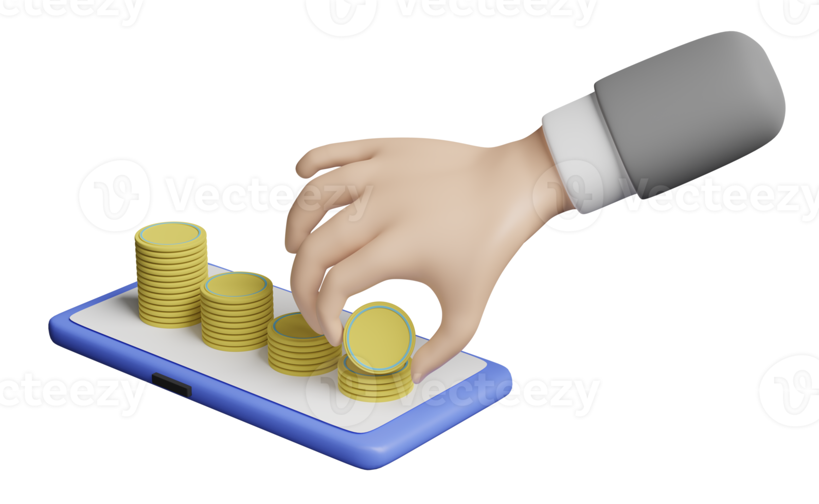 3d character businessman hands holding coin with mobile phone or smartphone, pile stacked coin isolated. online shopping, saving money, business growth concept, 3d render illustration png