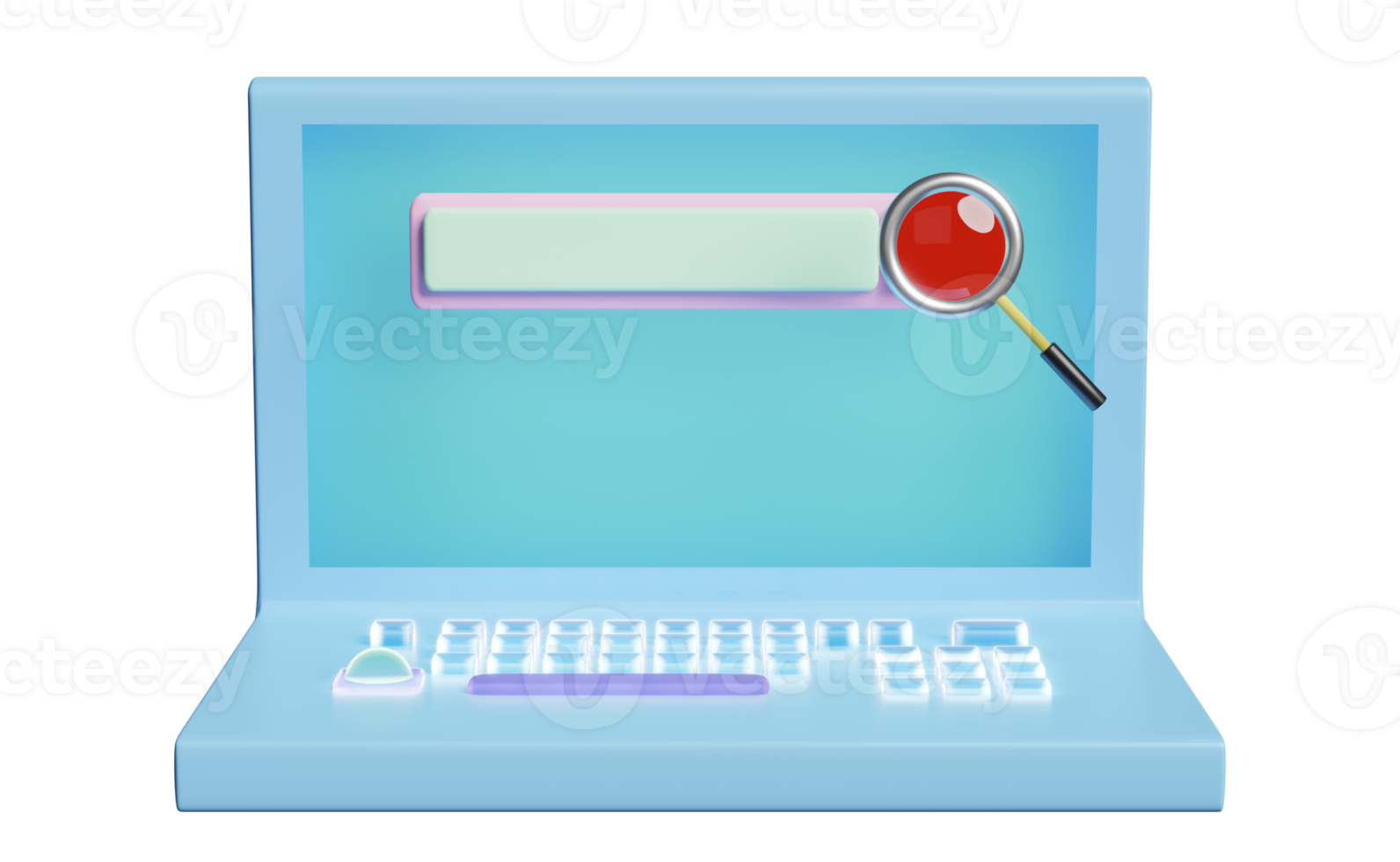 3d laptop computer monitor with crystal keyboard, blank search bar, magnifying glass isolated. minimal web search engine or web browsing concept, 3d render illustration png