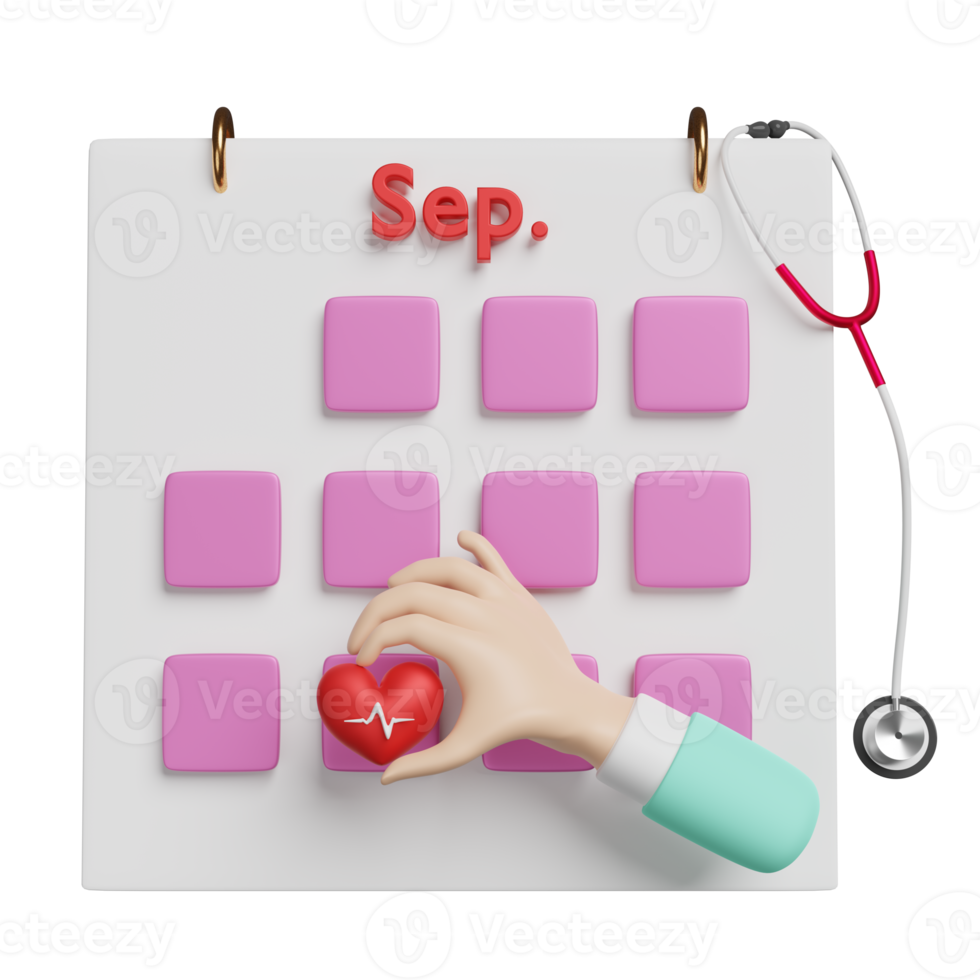 fecha del calendario con las manos del médico de dibujos animados sosteniendo el corazón rojo y la frecuencia cardíaca de la presión arterial, estetoscopio aislado. concepto del día mundial del corazón, ilustración 3d o presentación 3d png