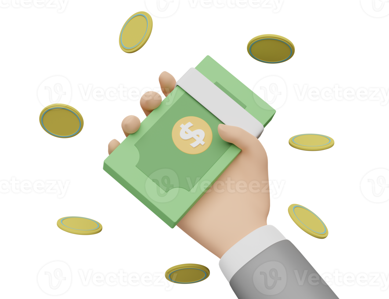 cartoon businessman hands holding banknote isolated. Quick credit approval or loan approval concept, 3d illustration or 3d render png