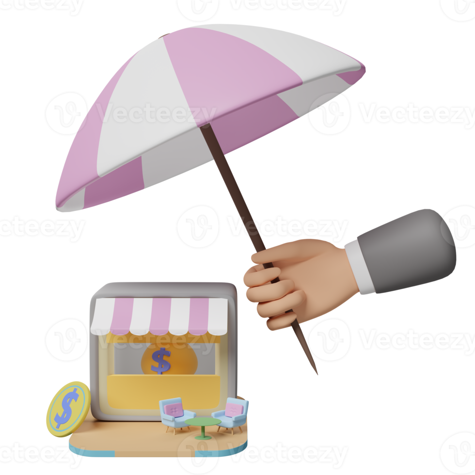 cartoon character businessman hands holding umbrella with store front, coffee table, coin, money bag isolated. protect startup franchise business concept, 3d illustration or 3d render png