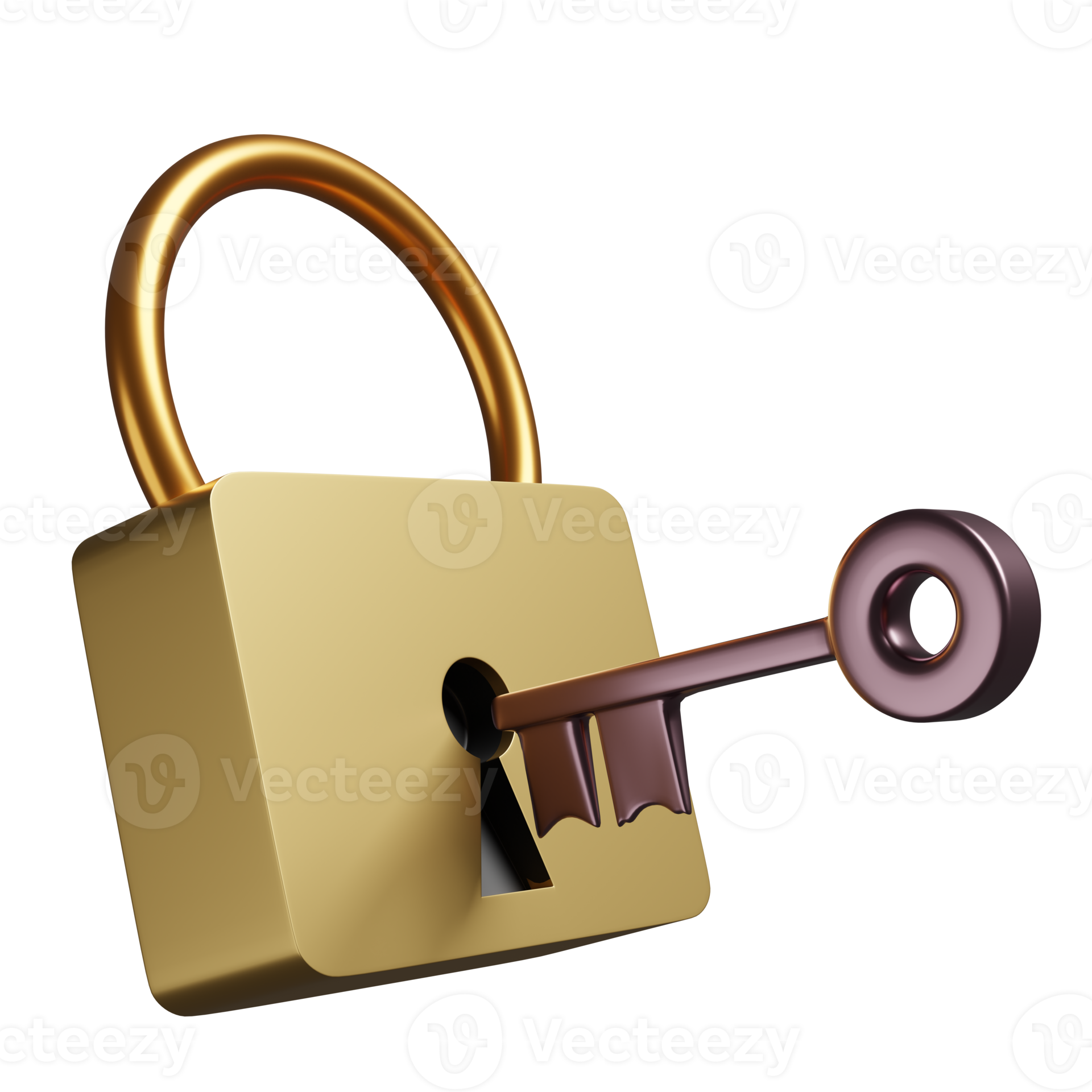 golden lock and copper key space isolated. concept 3d illustration or