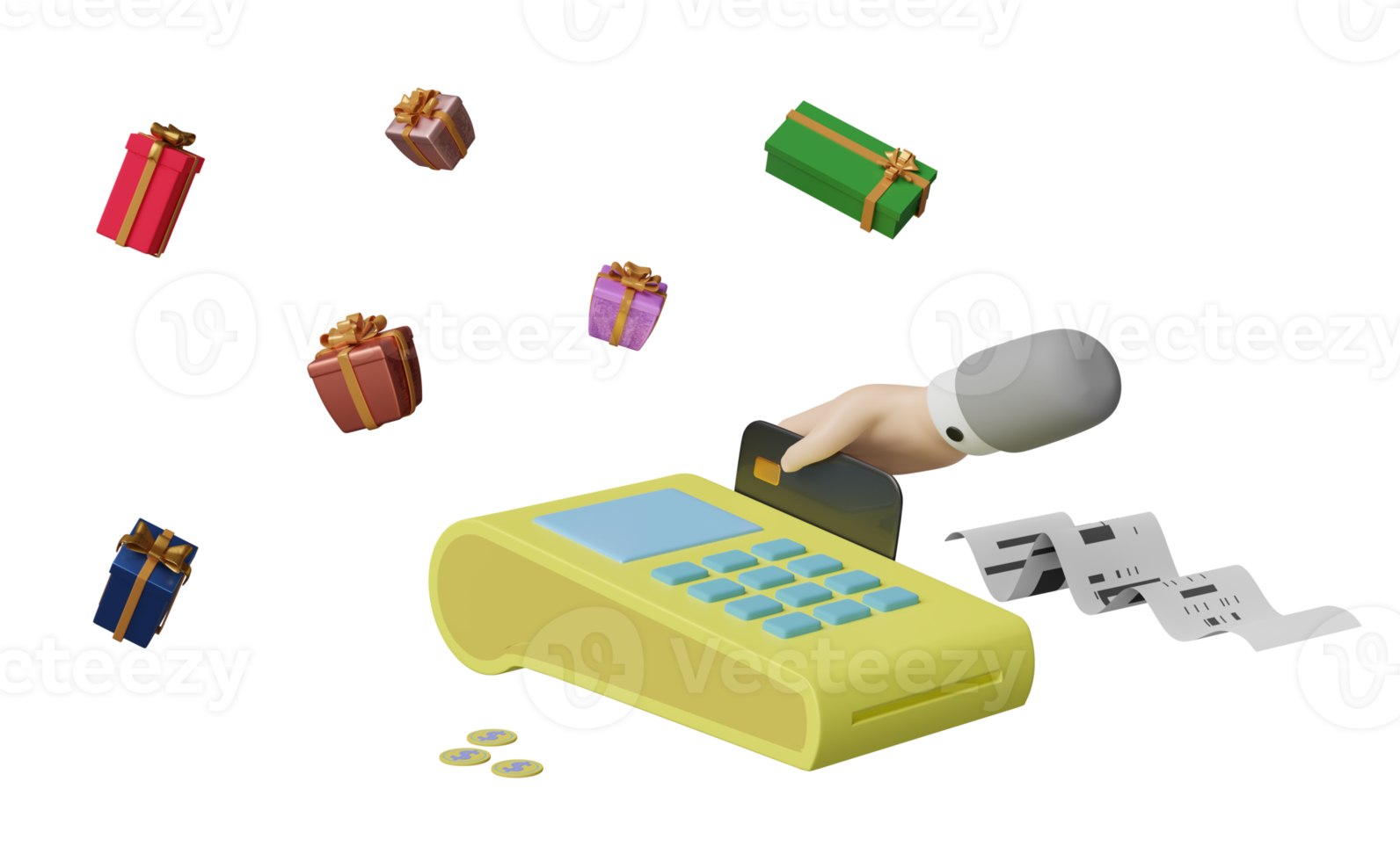 payment machine or pos terminal with businessman hand holding credit card, electronic bill payment, invoice or paper check receipt, gift box isolated. 3d illustration or 3d render png